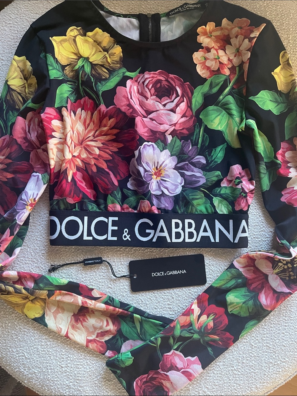 New Dolce & Gabbana Black Floral Logo Crop Top with Multicolor Blooms, Sz 38